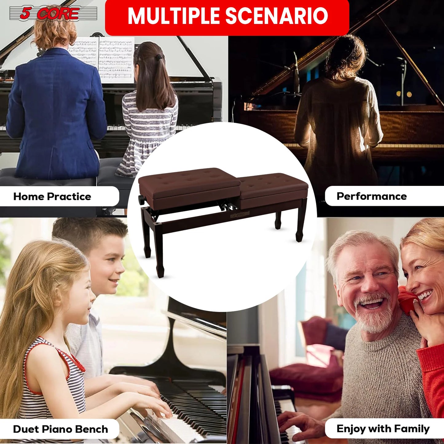 5CORE Duet Piano Bench W Storage for Two Wooden Adjustable Keyboard Stool - Adults & Kids